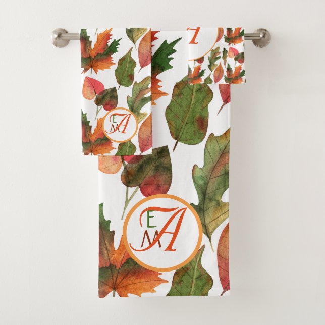 Monogrammed Fall Leaves Autumn Decor Orange Green Bath Towel Set (Insitu)