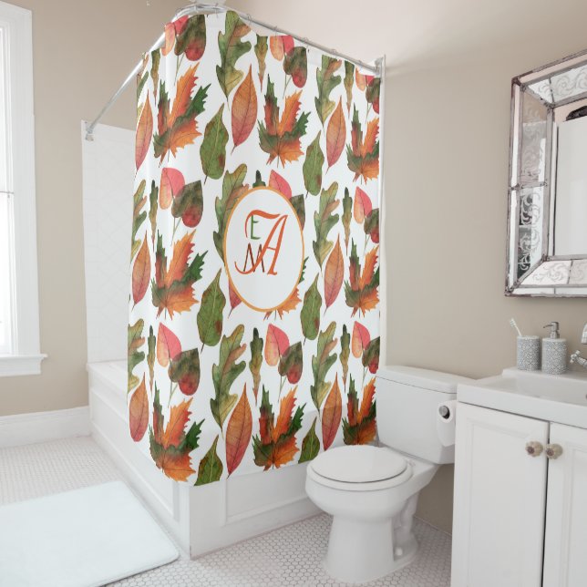 Monogrammed Fall Leaves Autumn Decor Orange Green Shower Curtain (In Situ)