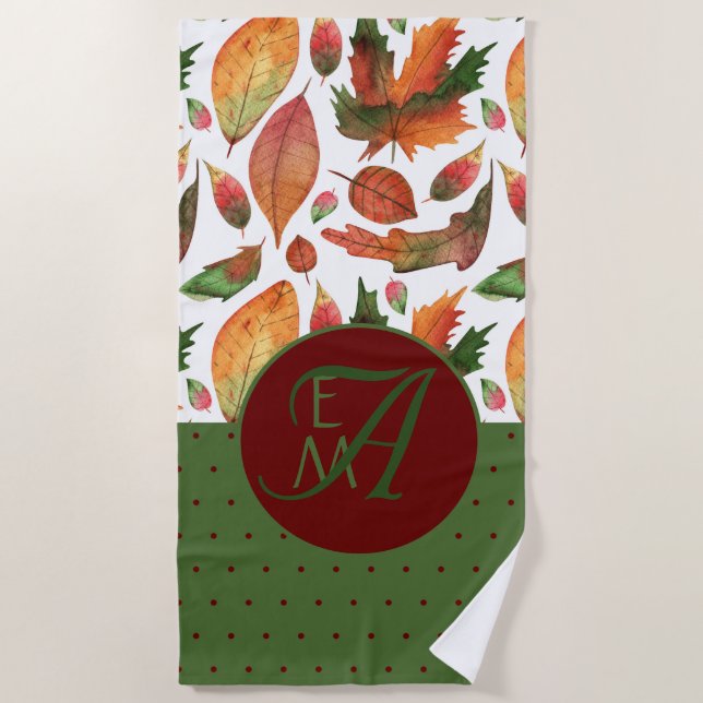 Monogrammed Fall Leaves Autumn Red Green Decor Beach Towel (Front)