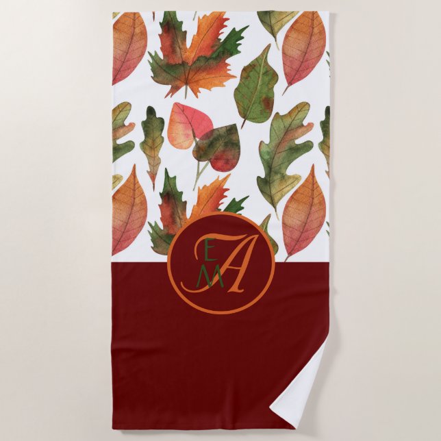 Monogrammed Fall Leaves Burgundy Autumn Decor Beach Towel (Front)