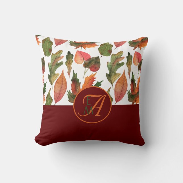 Monogrammed Fall Leaves Burgundy Autumn Decor Cushion (Front)