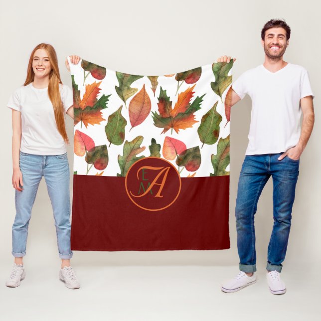 Monogrammed Fall Leaves Burgundy Autumn Decor Fleece Blanket (In Situ)
