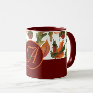 Monogrammed Fall Leaves Burgundy Autumn Decor Mug