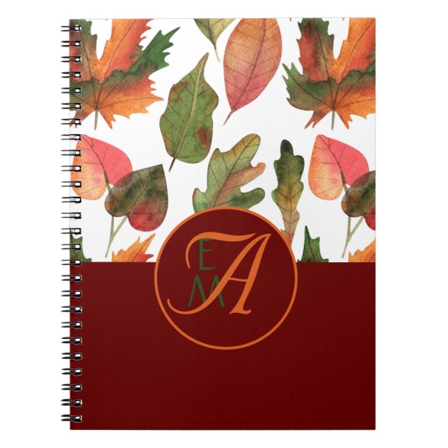 Monogrammed Fall Leaves Burgundy Autumn Decor Notebook (Front)