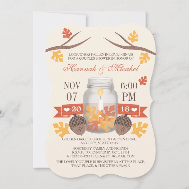 Monogrammed Fall Leaves Mason Jar Couples Shower Invitation (Front)