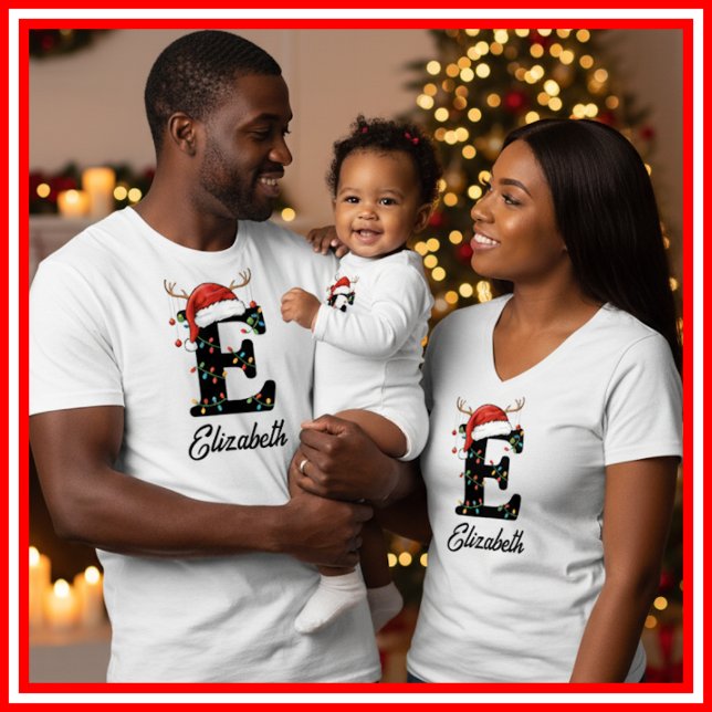 Monogrammed Family Christmas Antlers Santa Hat T-Shirt (Creator Uploaded)