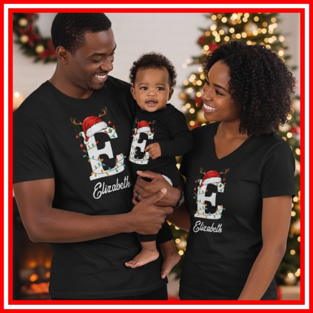 Monogrammed Family Christmas Antlers Santa Hat T-Shirt (Creator Uploaded)