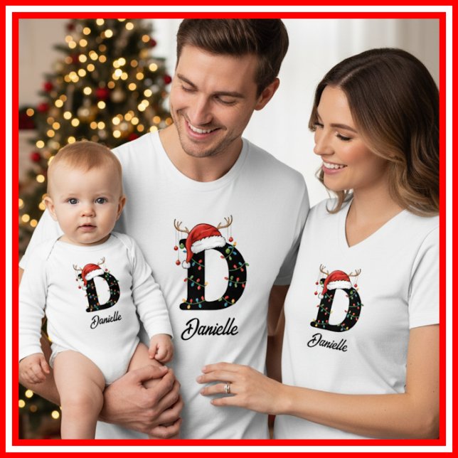 Monogrammed Family Christmas Antlers Santa Hat T-Shirt (Creator Uploaded)