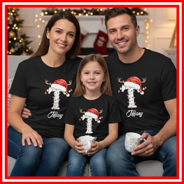 Monogrammed Family Christmas Antlers Santa Hat T-Shirt (Creator Uploaded)