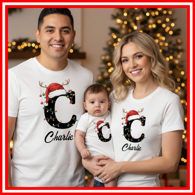 Monogrammed Family Christmas Antlers Santa Hat T-Shirt (Creator Uploaded)