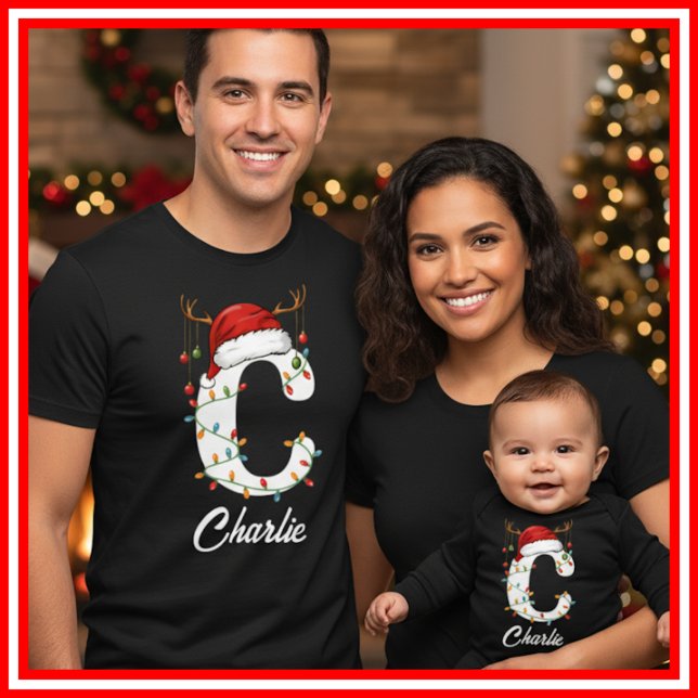Monogrammed Family Christmas Antlers Santa Hat T-Shirt (Creator Uploaded)