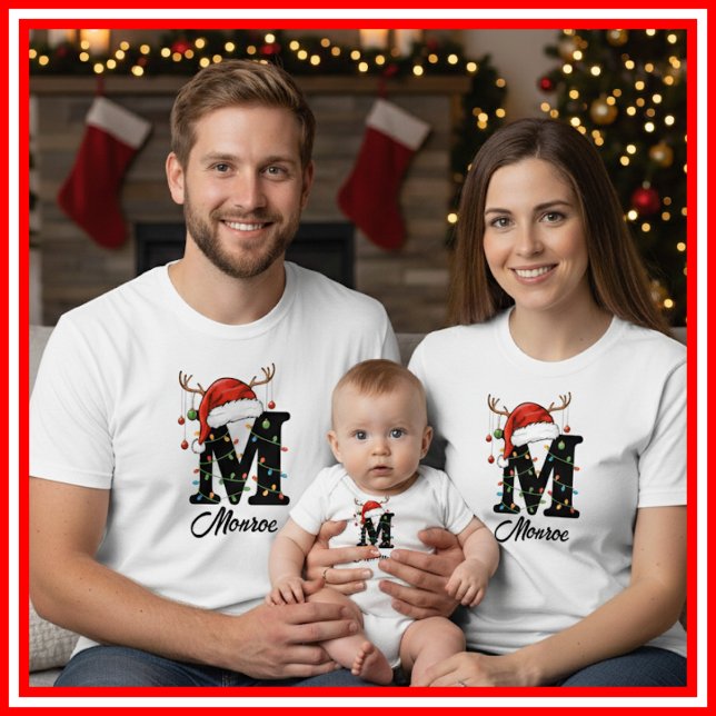 Monogrammed Family Christmas Antlers Santa Hat T-Shirt (Creator Uploaded)
