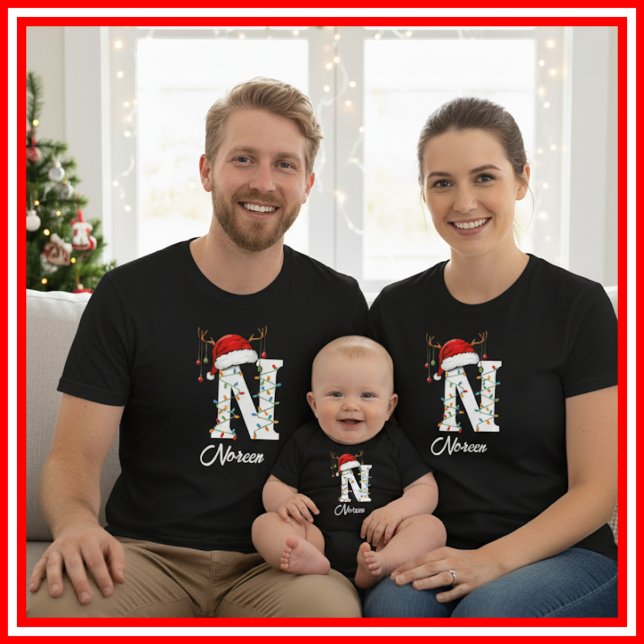 Monogrammed Family Christmas Antlers Santa Hat T-Shirt (Creator Uploaded)