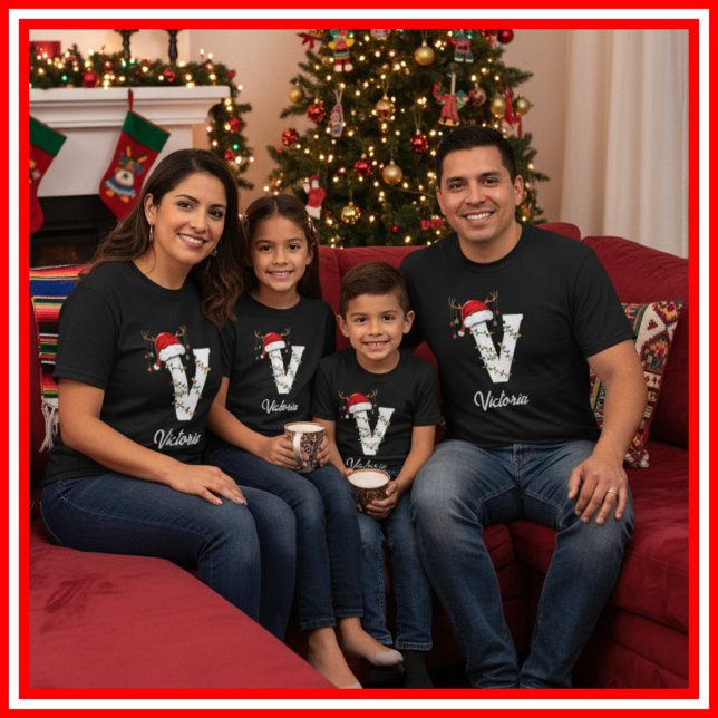 Monogrammed Family Christmas Antlers Santa Hat T-Shirt (Creator Uploaded)