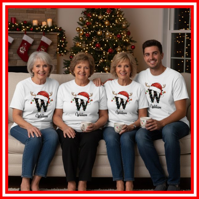 Monogrammed Family Christmas Antlers Santa Hat T-Shirt (Creator Uploaded)