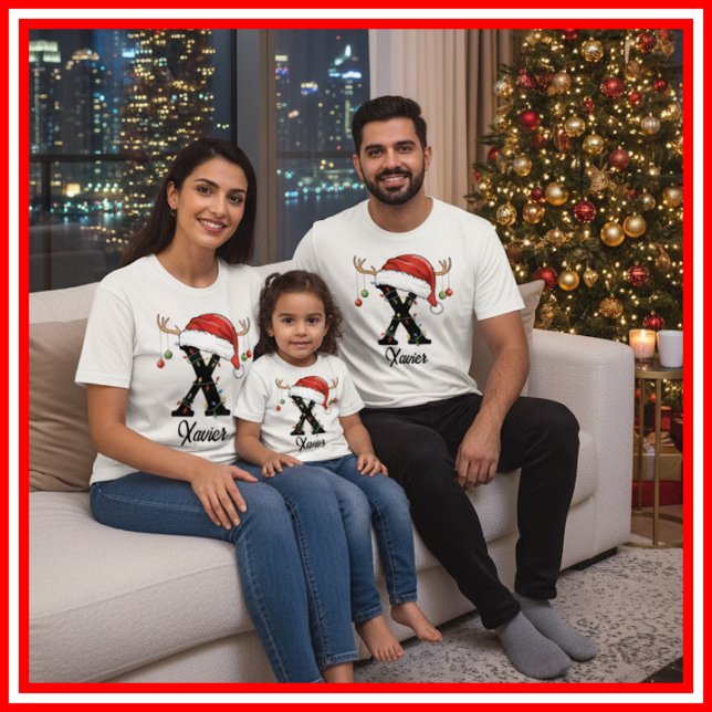 Monogrammed Family Christmas Antlers Santa Hat T-Shirt (Creator Uploaded)
