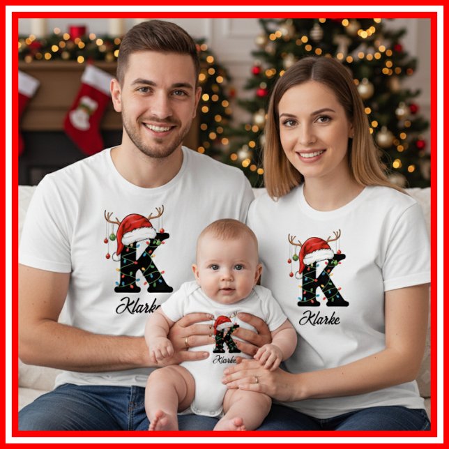 Monogrammed Family Christmas Antlers Santa Hat T-Shirt (Creator Uploaded)