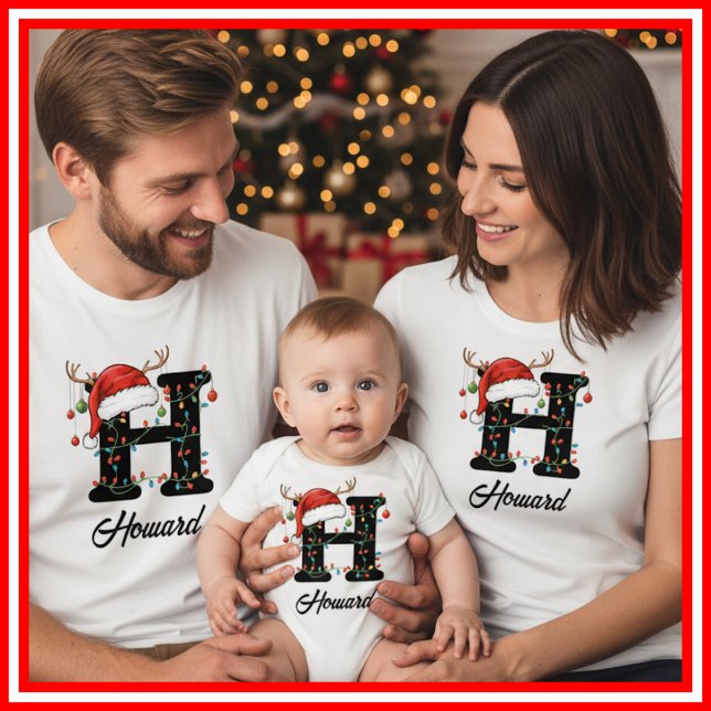 Monogrammed Family Christmas Antlers Santa Hat T-Shirt (Creator Uploaded)