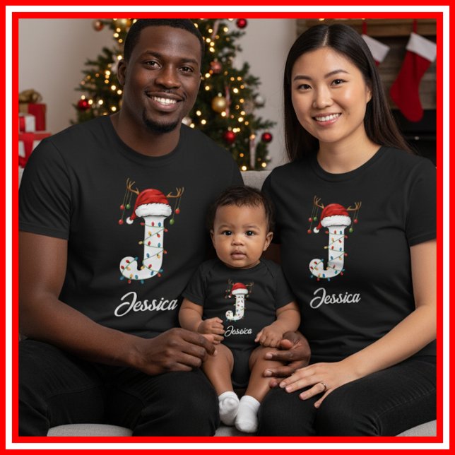 Monogrammed Family Christmas Antlers Santa Hat T-Shirt (Creator Uploaded)