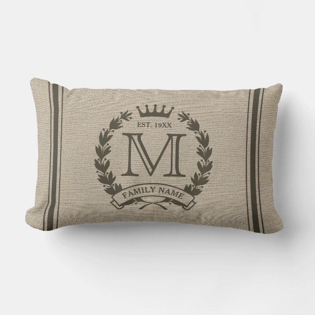 Monogrammed Family Logo Burlap Look Lumbar Pillow (Front)