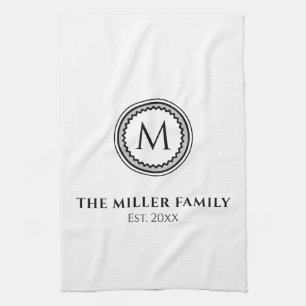 Monogrammed   Family Name   Black White & Gray Tea Towel