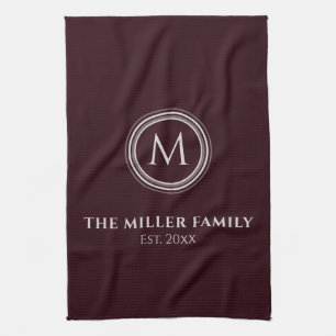Monogrammed   Family Name   Burgundy & Gray Tea Towel