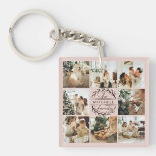 Monogrammed Family Photo Collage Blush Pink Key Ring