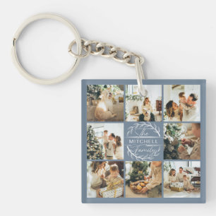 Monogrammed Family Photo Collage Cute Dusty Blue  Key Ring