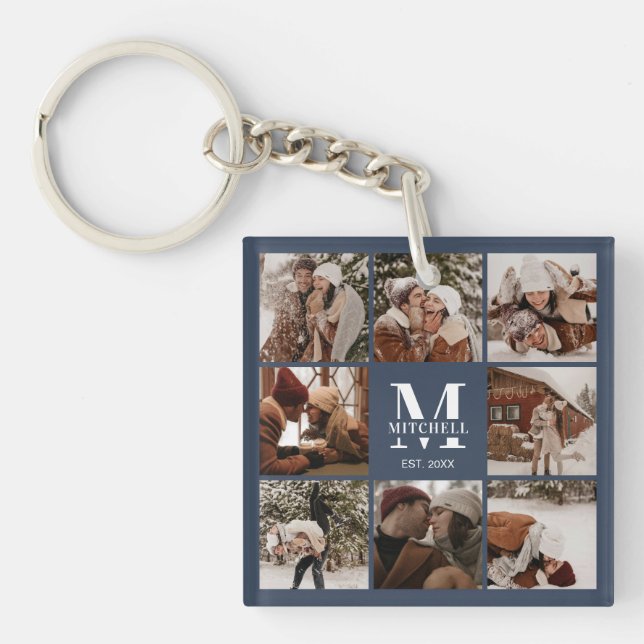 Monogrammed Family Photo Collage Modern Navy Blue Key Ring (Front)