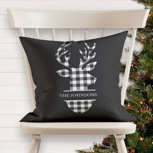 Monogrammed Farmhouse Black & White Plaid Deer Cushion