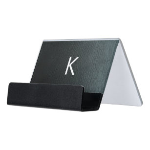 Monogrammed Faux Black Leather Texture Desk Business Card Holder