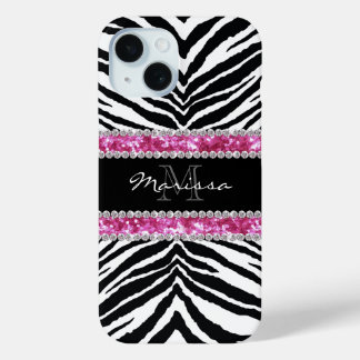 Monogrammed Faux Glitter Bling Rhinestone Girl's iPhone 15 Case