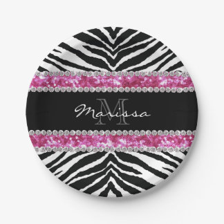 Monogrammed Faux Glitter Bling Rhinestone Girl's Paper Plate