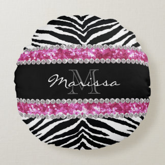 Monogrammed Faux Glitter Bling Rhinestone Girl's Round Cushion