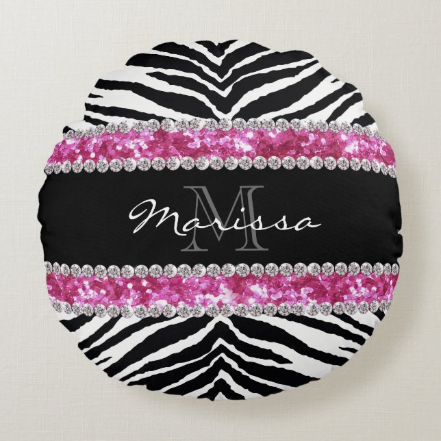 Monogrammed Faux Glitter Bling Rhinestone Girl's Round Cushion (Front)