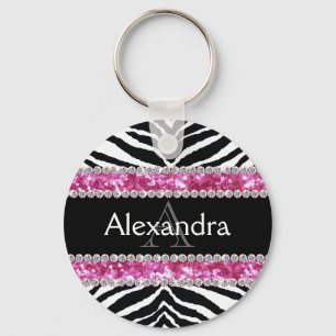 Monogrammed Faux Glitter Bling Zebra Girls Name ID Key Ring