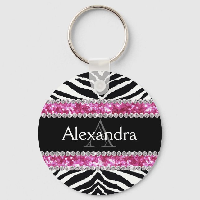 Monogrammed Faux Glitter Bling Zebra Girls Name ID Key Ring (Front)