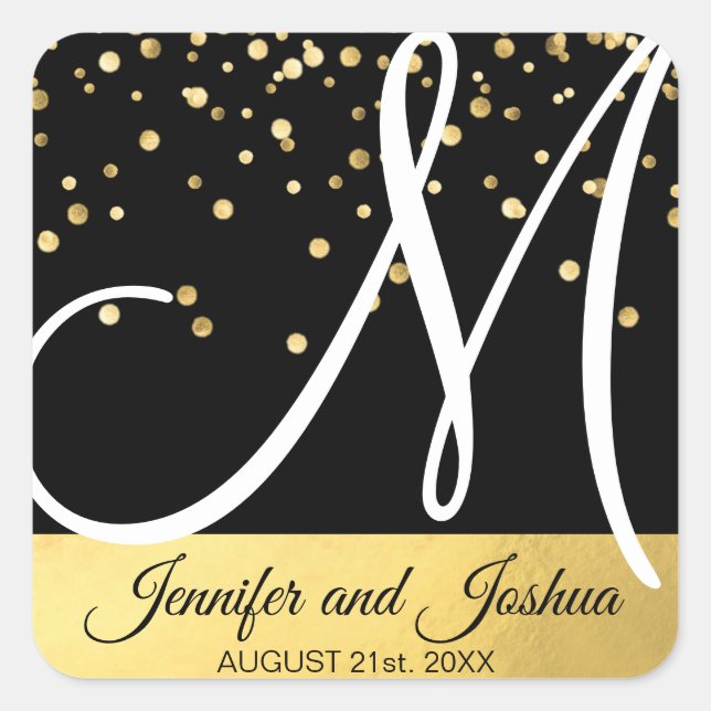 Monogrammed Faux Gold Foil Black Wedding Square Sticker (Front)