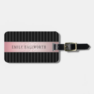 Monogrammed Faux Rose Gold   Black & Grey Stripes Luggage Tag