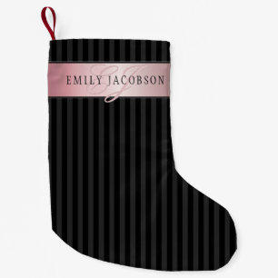 Monogrammed Faux Rose Gold   Black & Grey Stripes Small Christmas Stocking