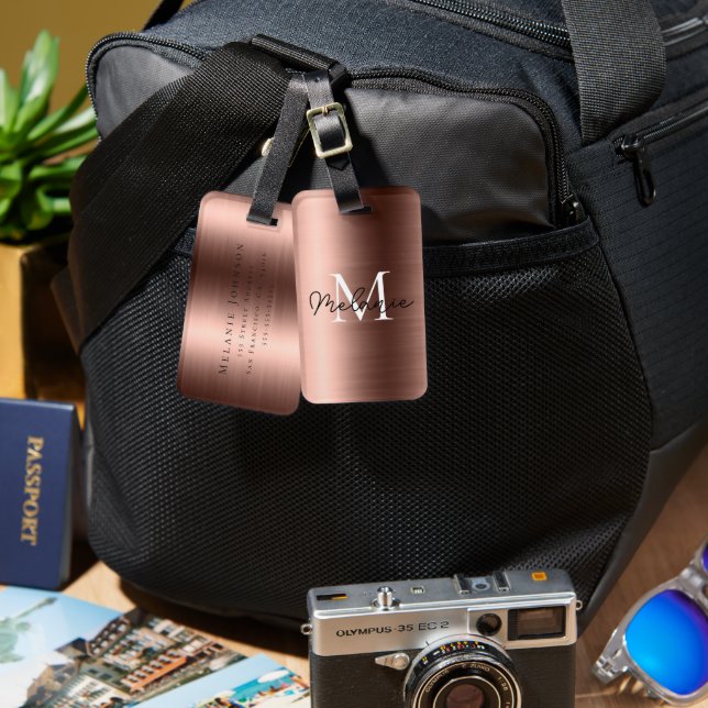 Monogrammed Faux Rose Gold Metallic Texture Luggage Tag (Front & Back)