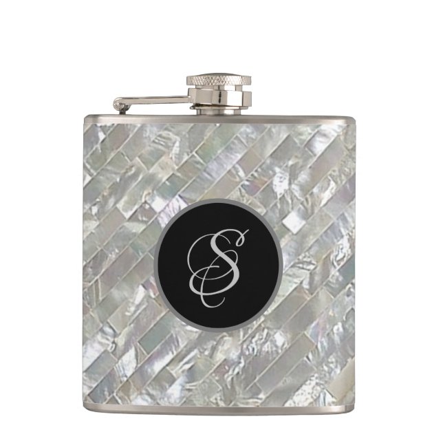 Monogrammed Faux White Mother Of Pearl Hip Flask (Front)