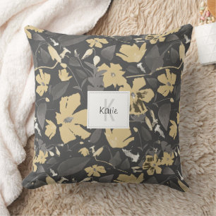 Monogrammed  Feminine Gold Grey Floral Pattern Cushion