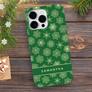 Monogrammed Festive Snowflakes Green Christmas Case-Mate iPhone 14 Pro Max Case