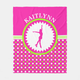 Monogrammed Figure Skater Pink - Green Polka-Dots Fleece Blanket