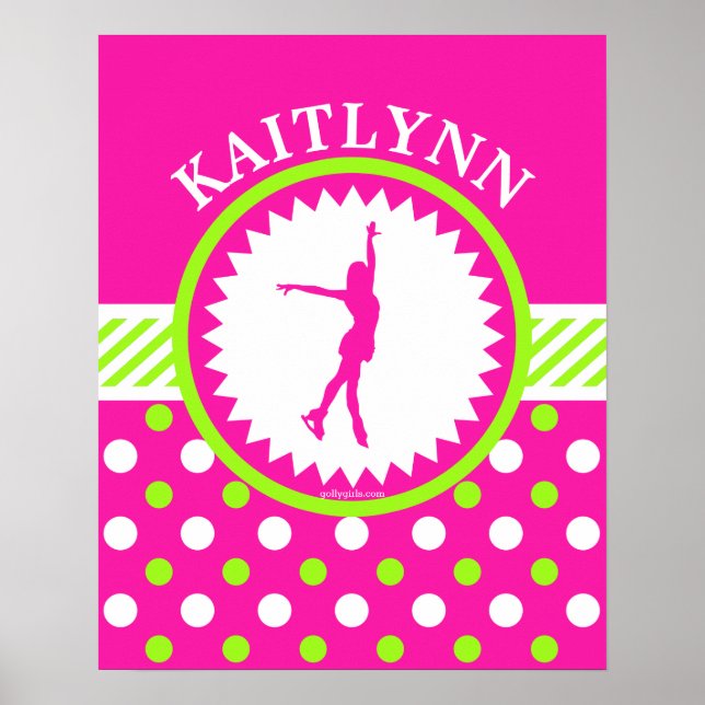 Monogrammed Figure Skater Pink - Green Polka-Dots Poster (Front)