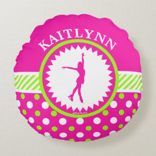 Monogrammed Figure Skater Pink - Green Polka-Dots Round Cushion