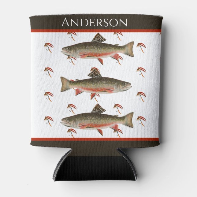 Monogrammed Fishermen Fly Fishing Brook Trout  Can Cooler (Front)