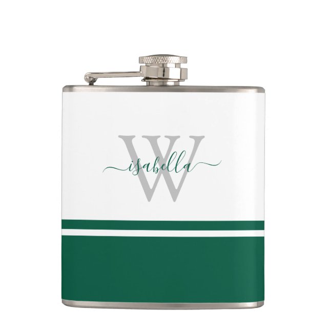 Monogrammed Flask Girly Modern Script Emerald (Front)