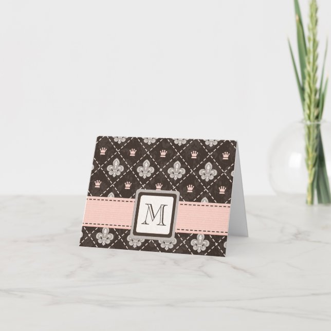 Monogrammed Fleur de Lis Note Cards Pink and Brown (Front)